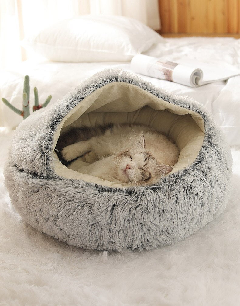 Hot Plush Round Cat Bed Cat Warm House Soft Long Plush Pet Dog Bed For Small Dogs Cat Nest 2 In 1 Pet Bed Cushion Sleeping Sofa