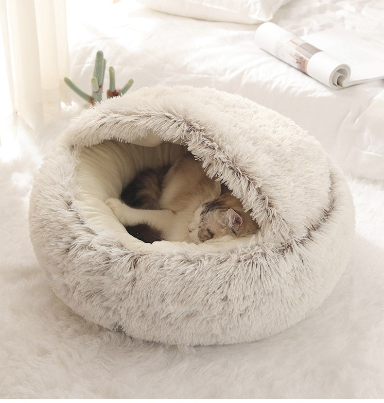 Hot Plush Round Cat Bed Cat Warm House Soft Long Plush Pet Dog Bed For Small Dogs Cat Nest 2 In 1 Pet Bed Cushion Sleeping Sofa