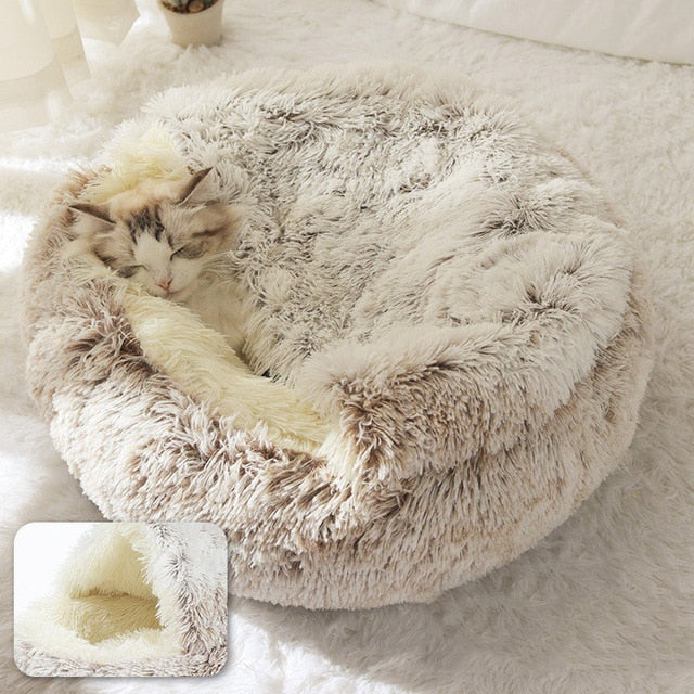 Hot Plush Round Cat Bed Cat Warm House Soft Long Plush Pet Dog Bed For Small Dogs Cat Nest 2 In 1 Pet Bed Cushion Sleeping Sofa
